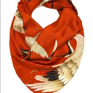 One Hundred Stars 100% Silk Scarf Orange w/ cranes (New in Box)